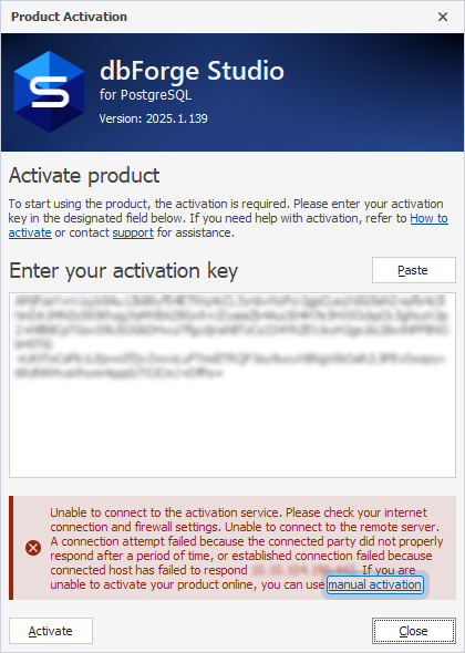 The Product Activation dialog with the failed connection message