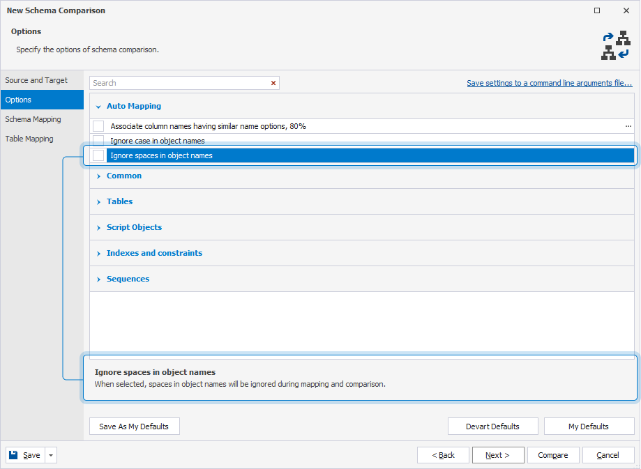 Options page in the New Schema Comparison wizard