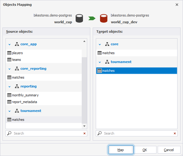 Map tables in the Objects Mapping dialog