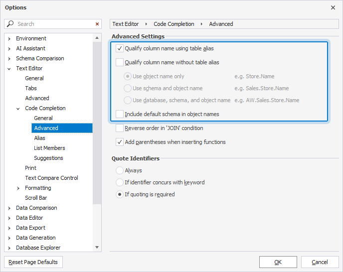 View the options in the Options dialog