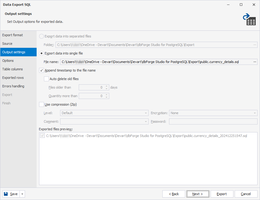 Output settings