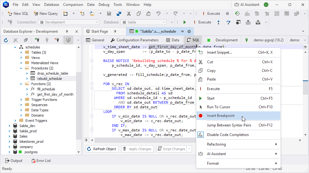 The breakpoint set on the v_time_sheet_date assignment in the procedure editor.