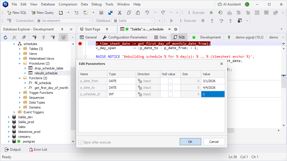 The Edit Parameters dialog with input values for rebuild_schedule.