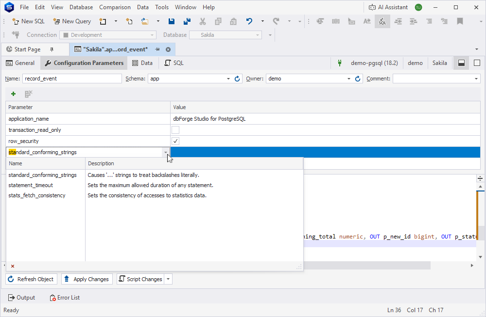 Configuration parameters tab