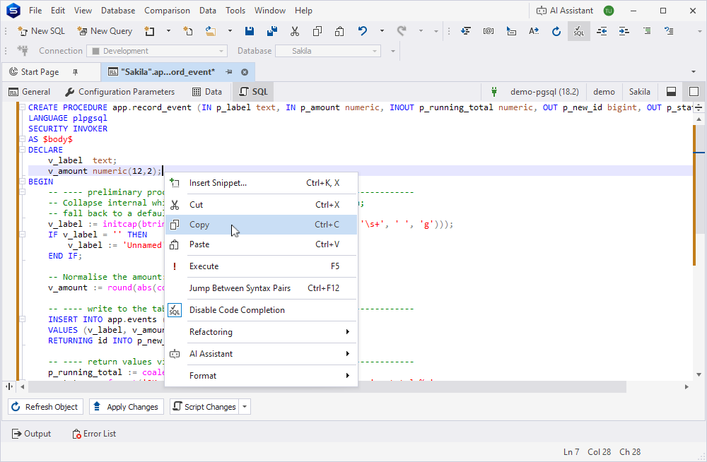 SQL tab