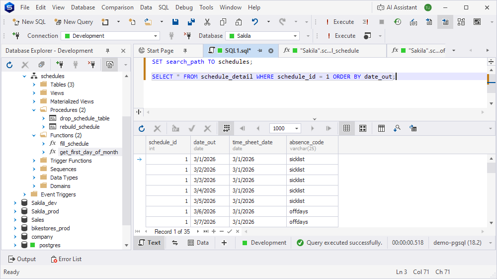 The rows generated in the schedule_detail table for the debugged period.