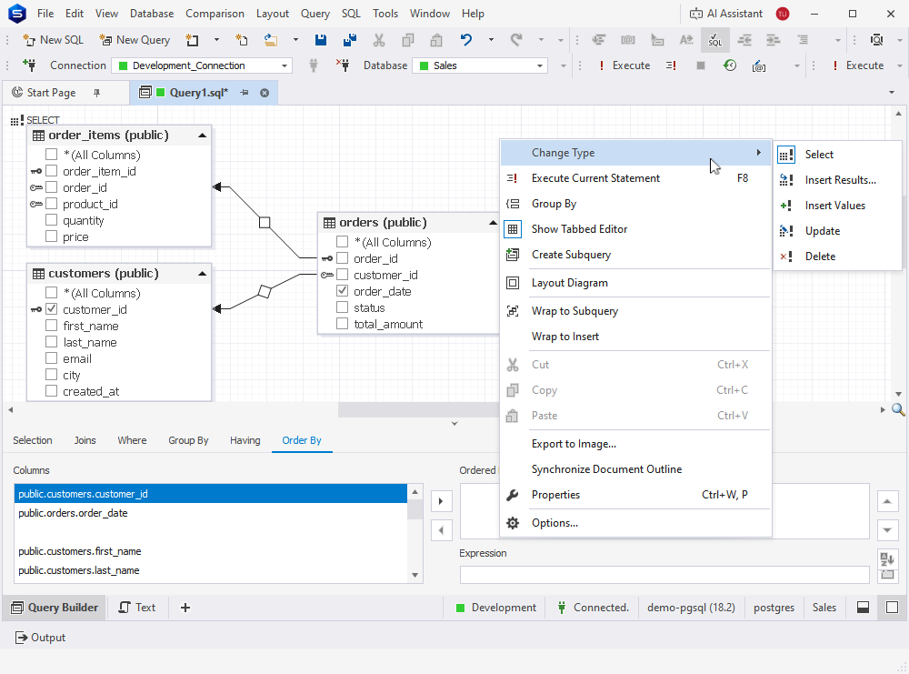 Query Builder in dbForge Studio for PostgreSQL