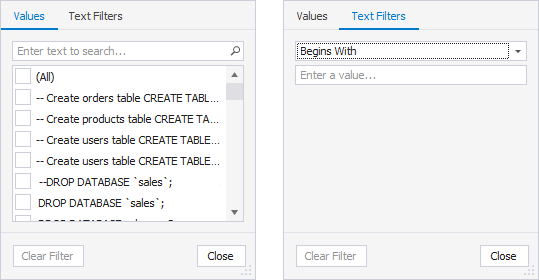 SQL Query History column filters