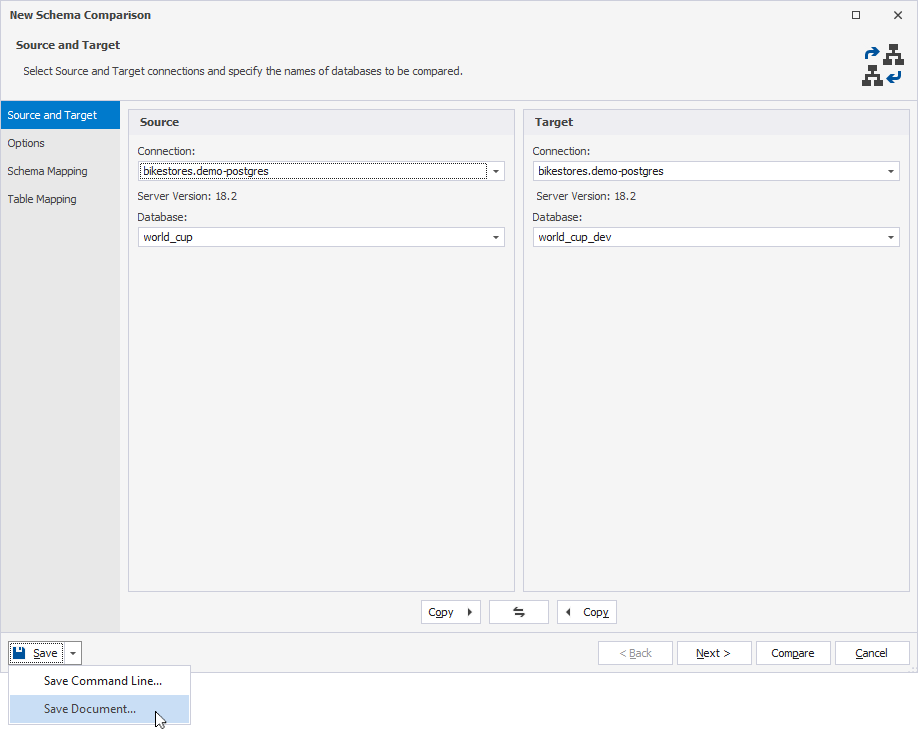 Save schema comparison settings to a .scomp file