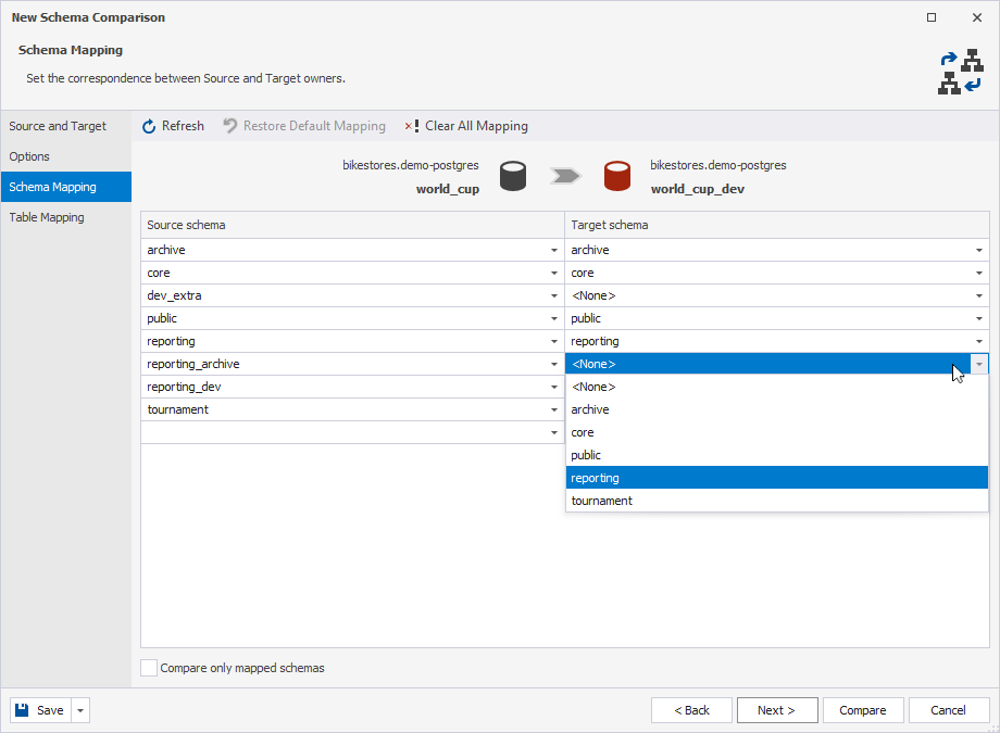 Schema Mapping page of the New Schema Comparison wizard