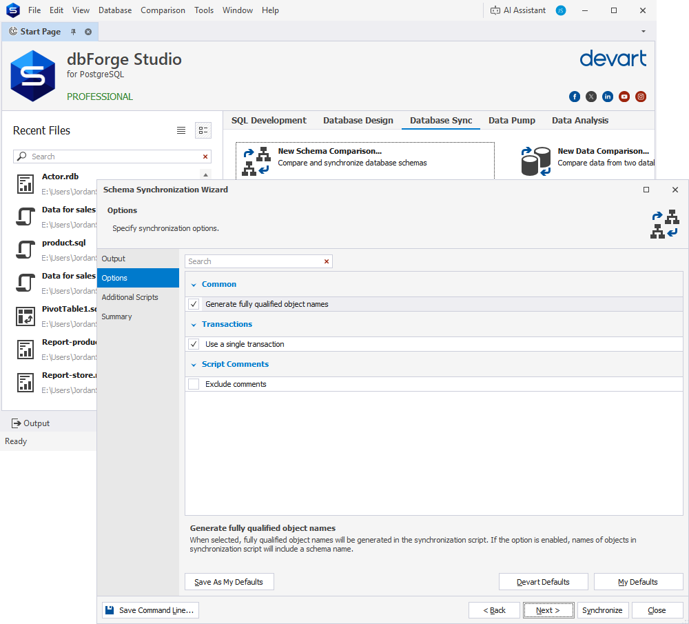 Schema Synchronization Options page