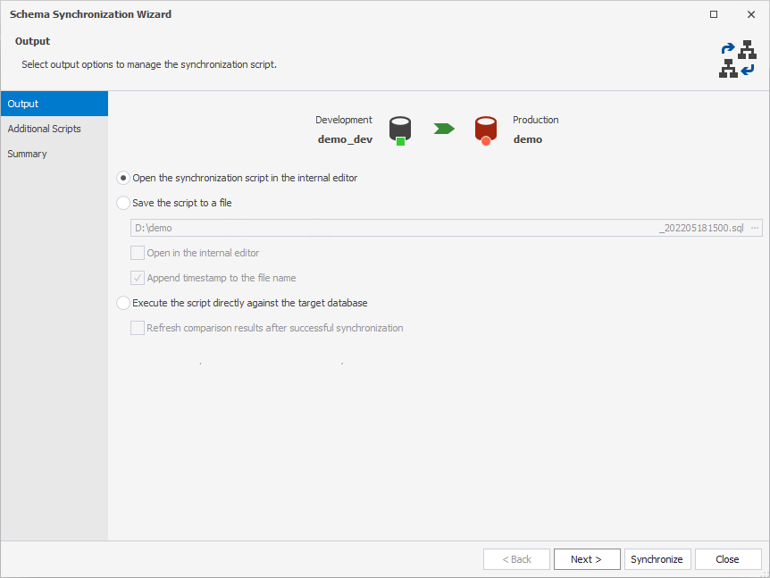 The Output tab in the Schema Synchronization Wizard
