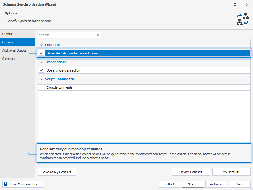 View synchronization options on the Options page