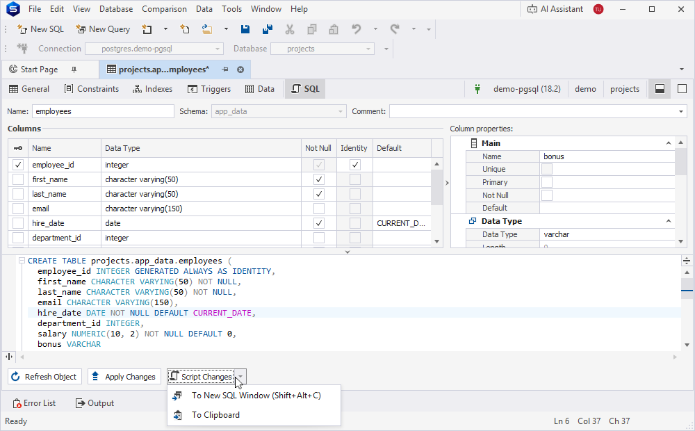 Open the generated script in a SQL document or copy it to the clipboard