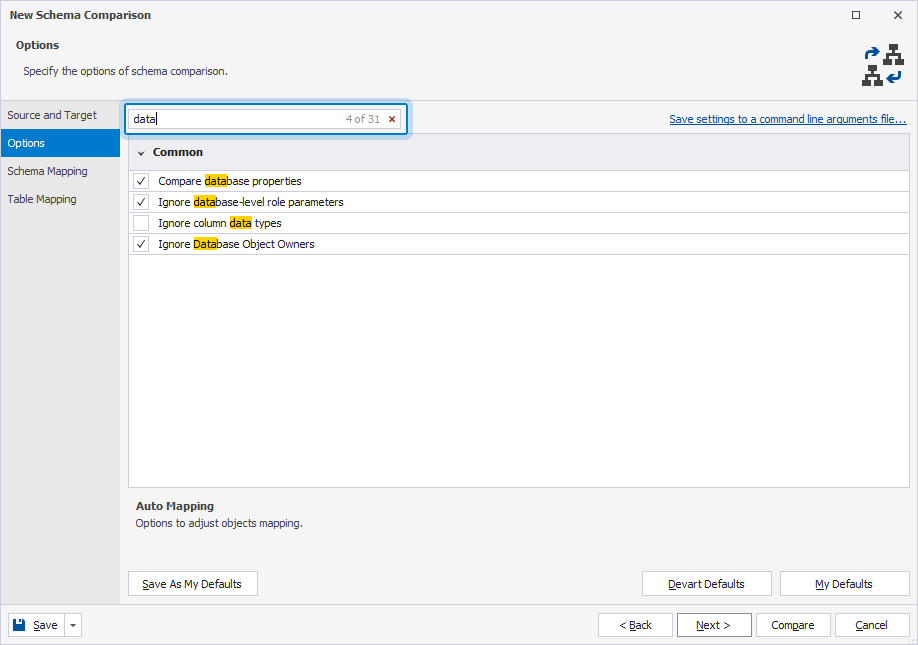 Search behavior on the Options page