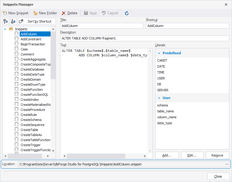 Select a folder in Snippets Manager
