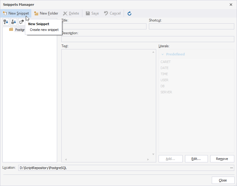Select New Snippet on the Snippets Manager toolbar