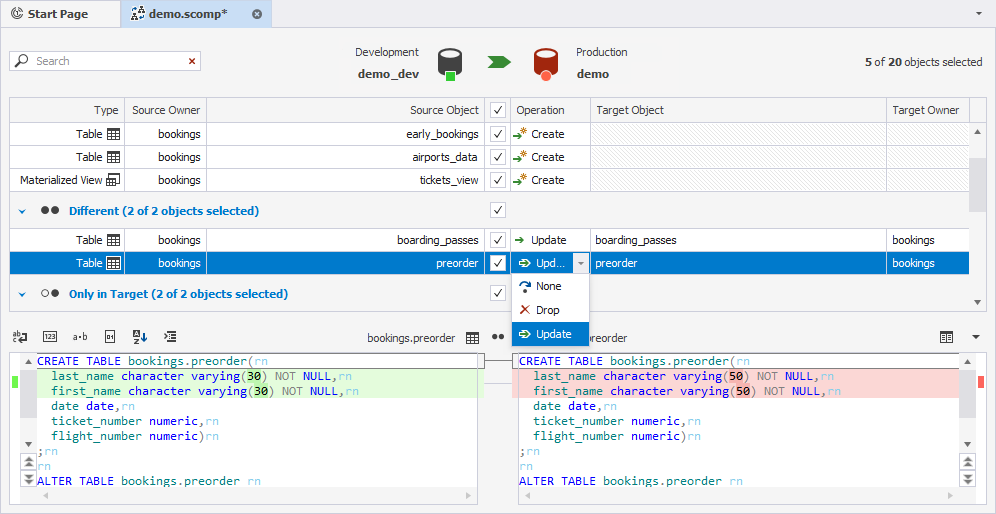 PostgreSQL compare two database schemas - Operation drop-down menu