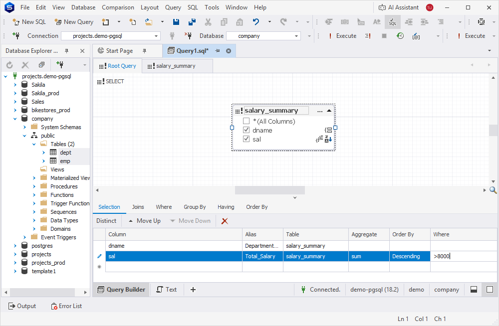 Set parameters for the columns