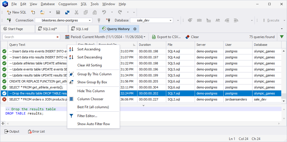 Query History - shortcut menu