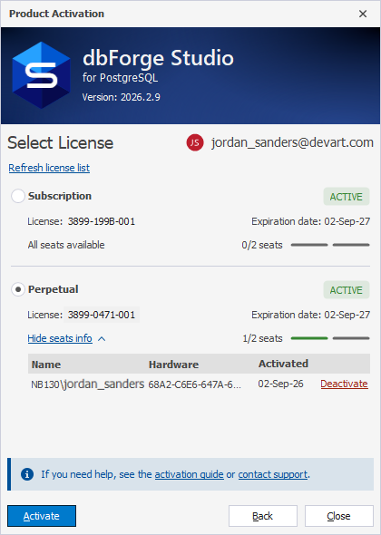 The Product Activation dialog - Multiple licenses