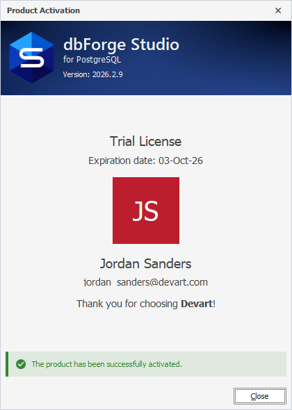 The Product Activation dialog - Successful activation of a trial license