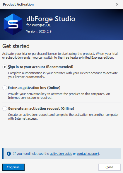 The Product Activation dialog - Sign in to your account