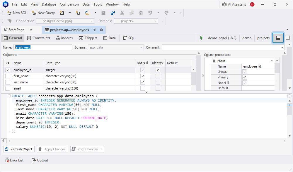 Open the Table Editor in a split layout