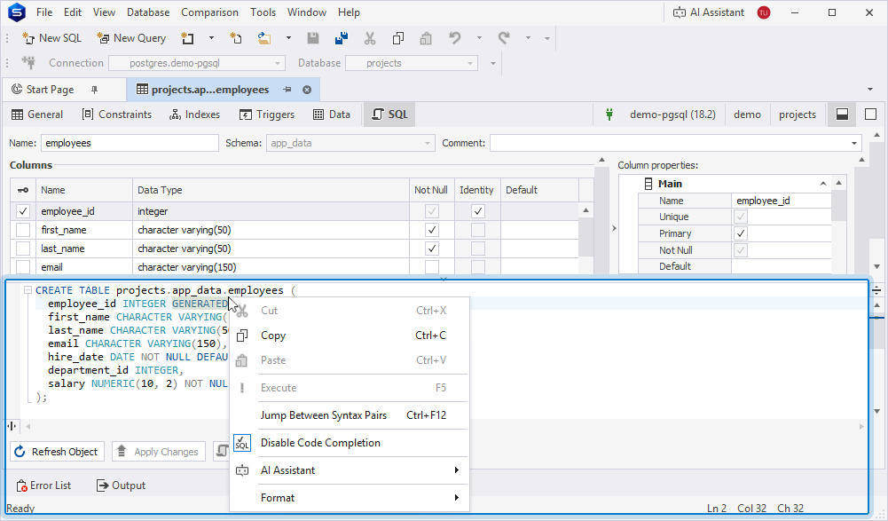 Manage the DDL script by using the shortcut menu options