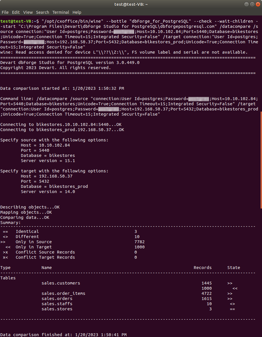 Data comparison from CLI