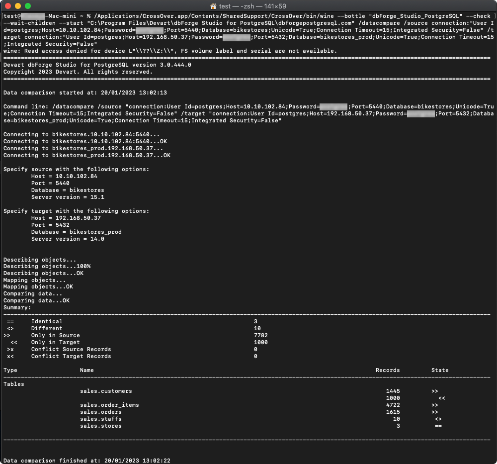 Schema comparison from CLI