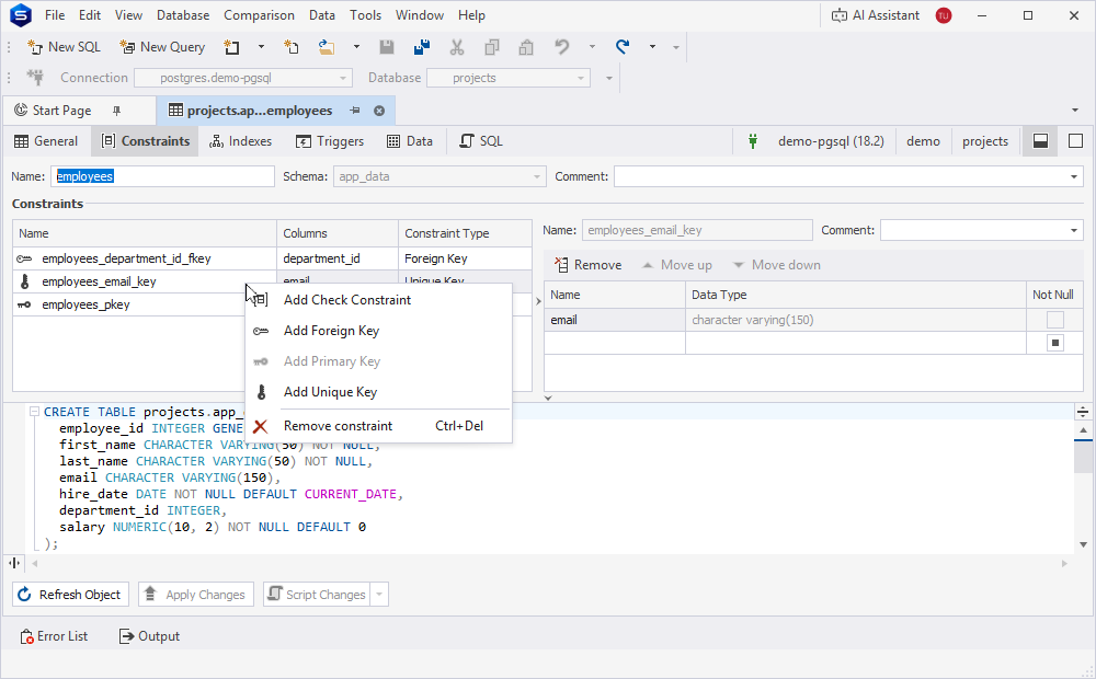 Table Editor: Constraints