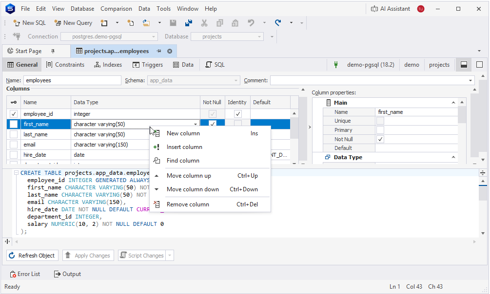 Table Editor: General tab
