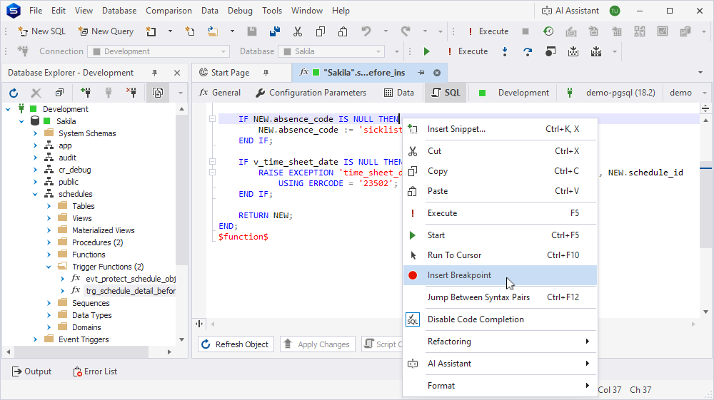 The breakpoint set on the IF NEW.absence_code IS NULL condition in the trigger function.