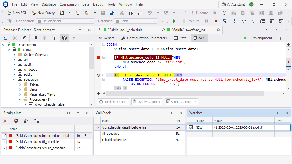 The Watches window showing the NEW tuple updated after the assignment.