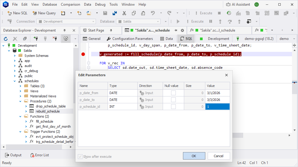 The Edit Parameters dialog with input values for rebuild_schedule.