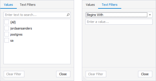 SQL Query History column filters - User