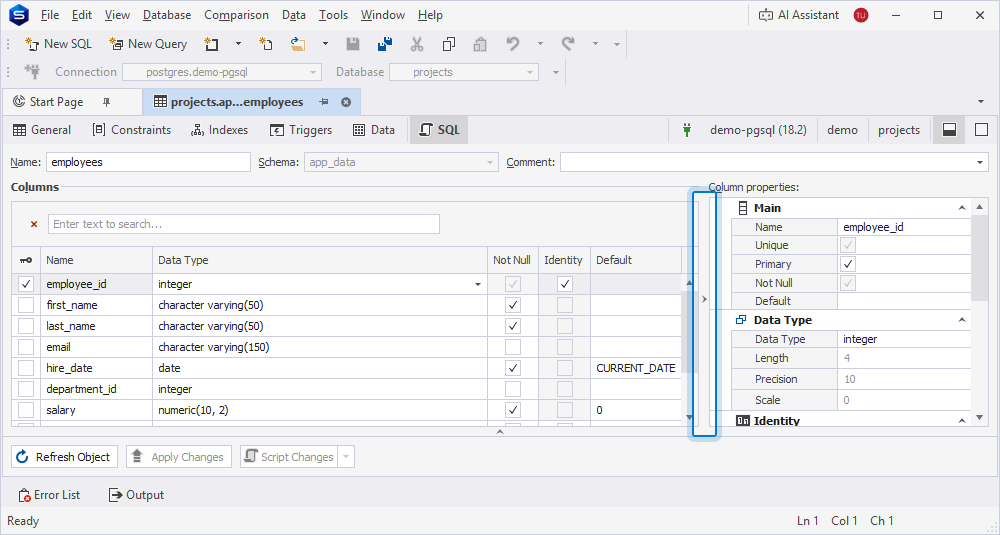 Hide the column properties panel