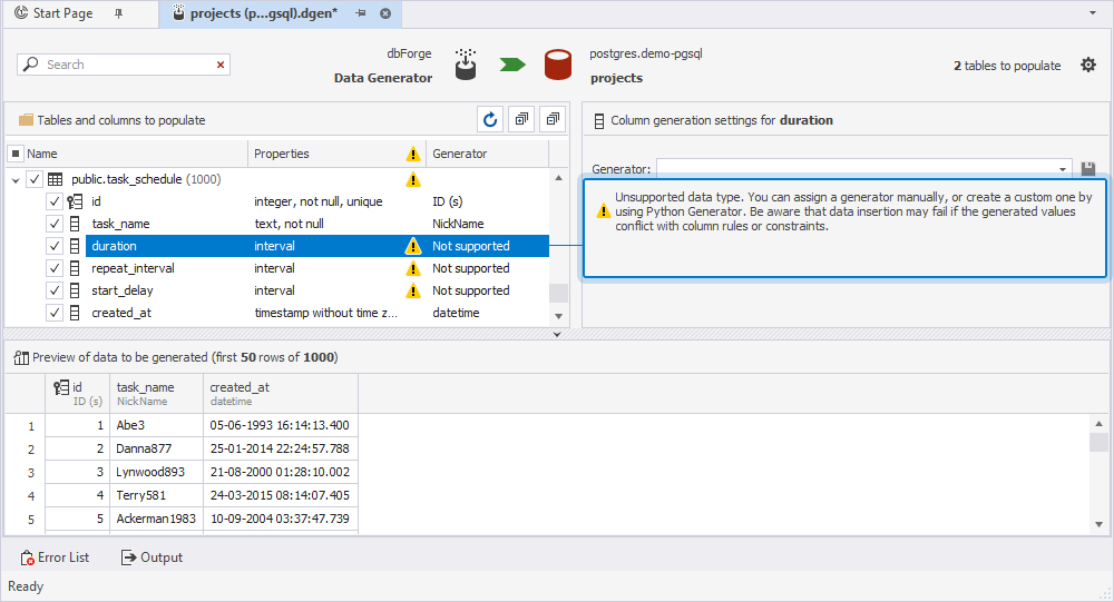 Displaying a warning message about unsupported data types