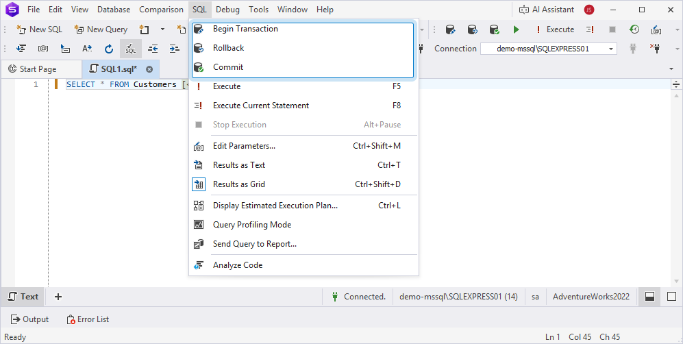 Access the transaction commands using the SQL menu