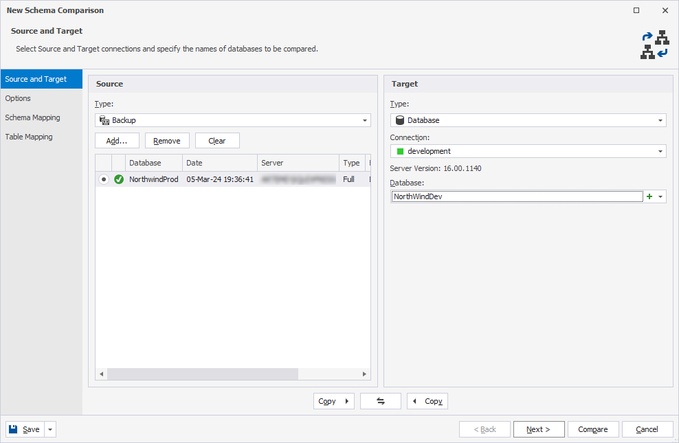Add backups to schema comparison