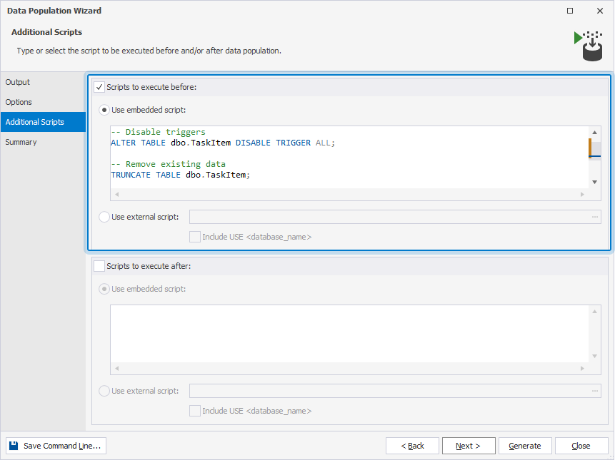 Adding a script to run before data population