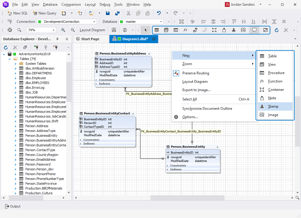 How to add notes, database objects, containers, images, etc. on the Database diagram toolbar in dbForge Studio for SQL Server