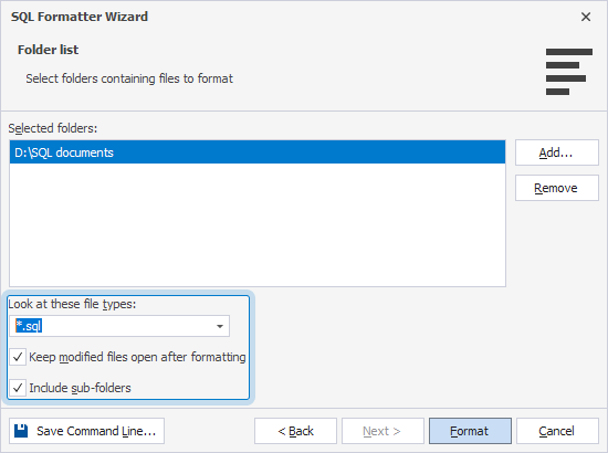 The Folder list page of the SQL Formatter Wizard