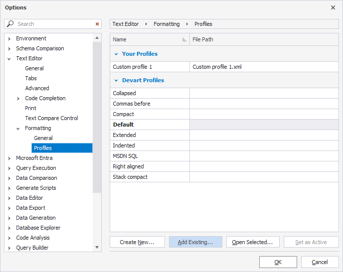 The Profiles page in Options