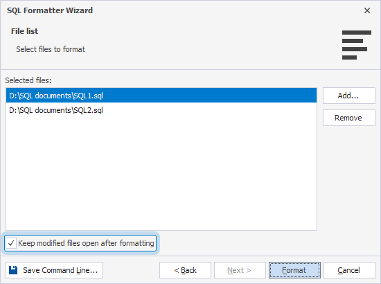 The File list page of the SQL Formatter Wizard