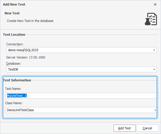 Specify the test name and test class in the Add New Test dialog