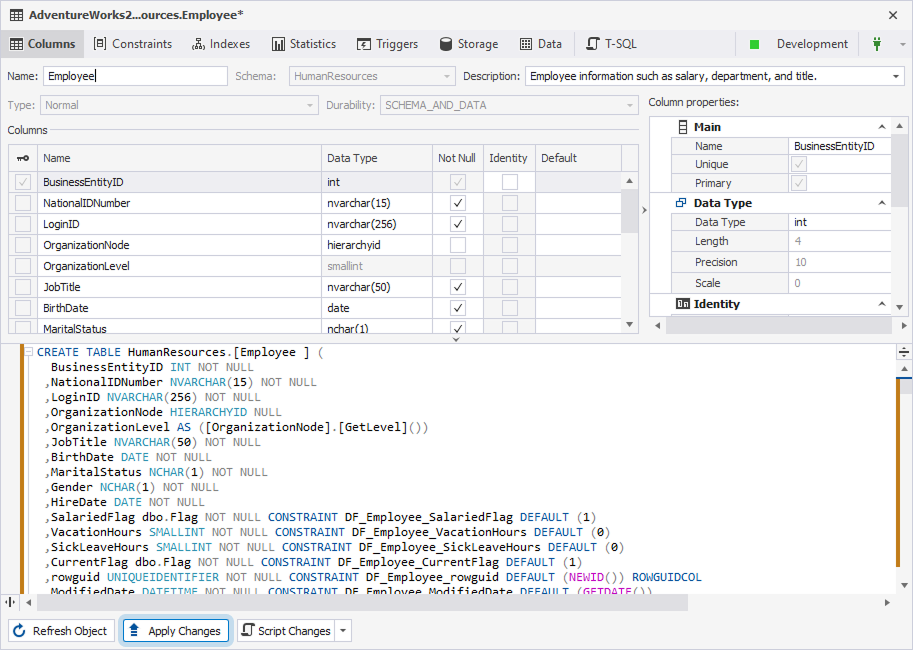 The table object editor with object details specified and the Apply button highlighted
