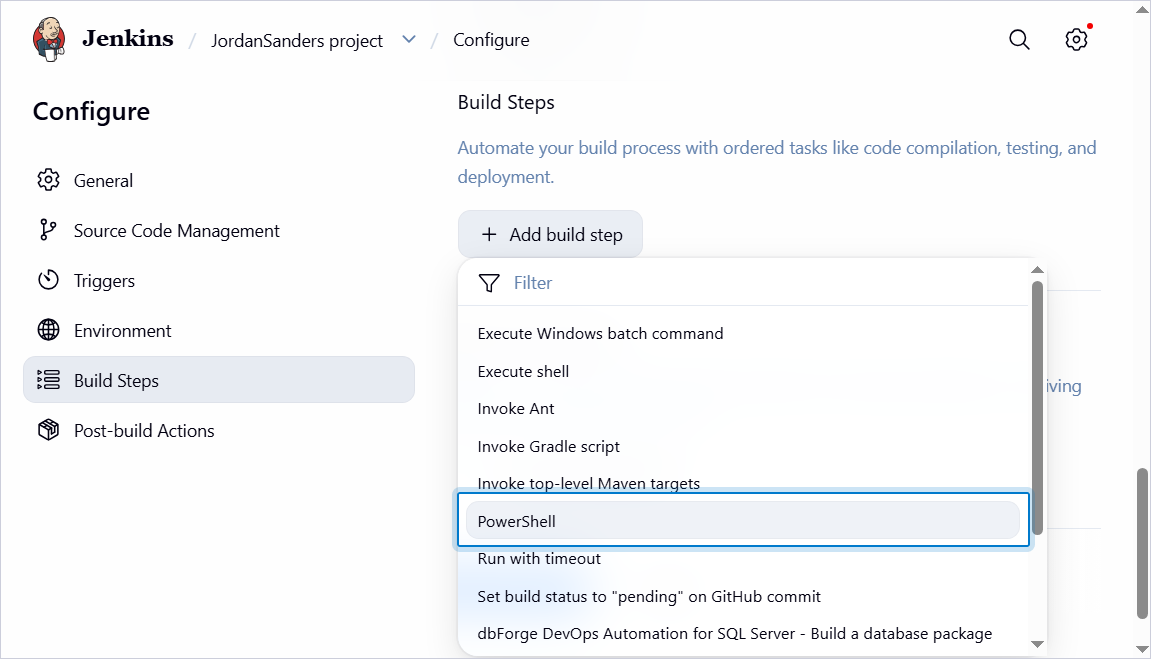 Select the PowerShell build step