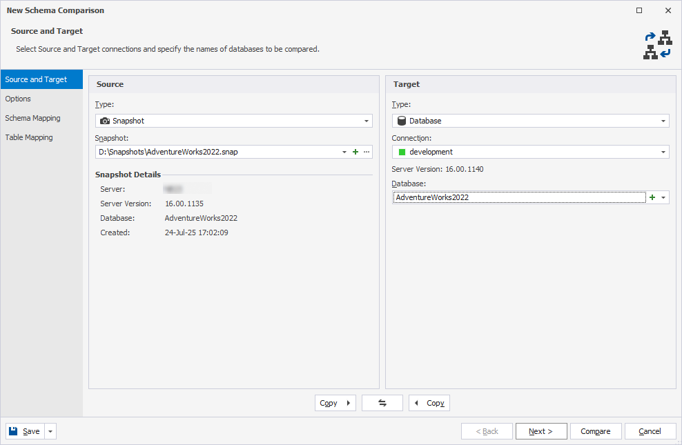Add a snapshot as the source to schema comparison